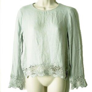 Zara Trafaluc 100% Cotton Gauze Crochet Long Sleeve Top S Light Sage Aqua